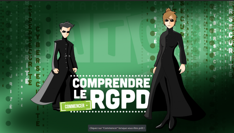 Module RGPD de l'elearning réalisé pour Match inspiré du film Matrix. Fond vert avec lignes de codes et personnages à la tenue noire Matrix