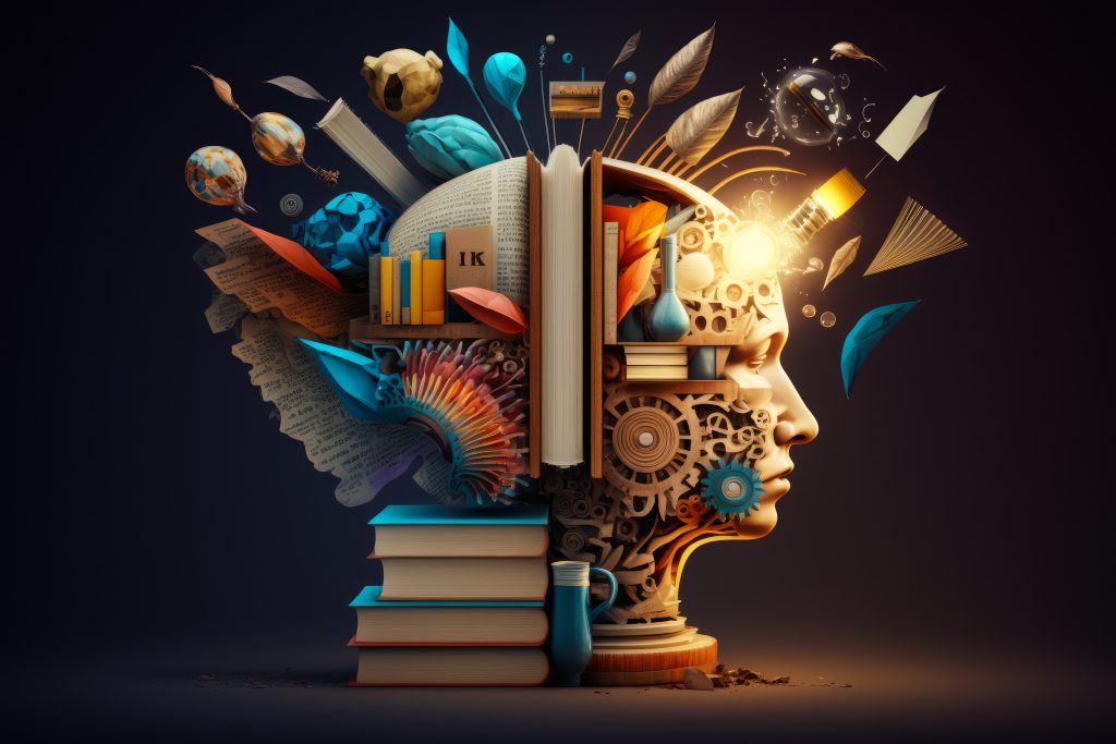 Image of human head with books and other objects. Generative AI.